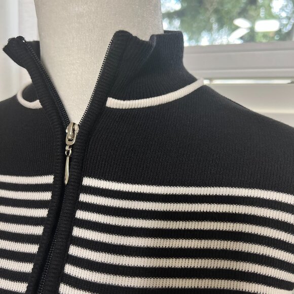 Dressbarn Sweater Zip-Up Black White M Ribbed Knit Pockets Sporty Retro - Picture 5 of 7